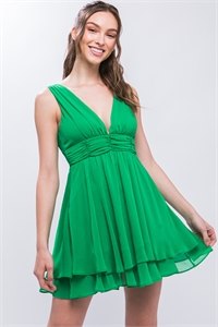 S39-1-1-LT-4851DH-KLY - PLUNGING NECK SHIRRED WAIST SLEEVELESS DRESS- KELLY 2-2-2