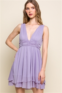 S39-1-1-LT-4851DH-LLC - PLUNGING NECK SHIRRED WAIST SLEEVELESS DRESS- LILAC 2-2-2