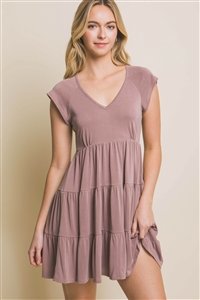 S39-1-1-LT-4865DS-ALMD - V-NECK FLUTTER CAP SLEEVELESS MINI DRESS- ALMOND 2-2-2