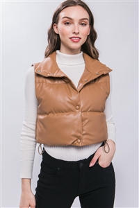 S39-1-1-LT-5096VH-CML - PU FAUX LEATHER PUFFER VEST WITH SNAP BUTTON- CAMEL 2-2-2