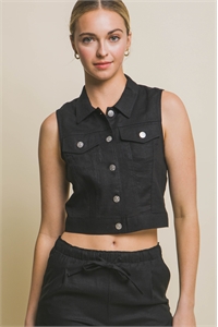 S39-1-1-LT-5122VH-BK - LINEN SLEEVELESS BUTTONED CROP VEST- BLACK 2-2-2