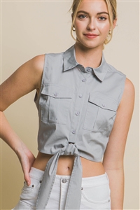 S39-1-1-LT-5129VN-GY - SLEEVELESS POPLIN CROP TOP WITH FRONT TIE- GREY 2-2-2