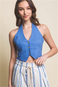 S39-1-1-LT-5132VN-BL - LINEN CROPPED VEST- BLUE 2-2-2