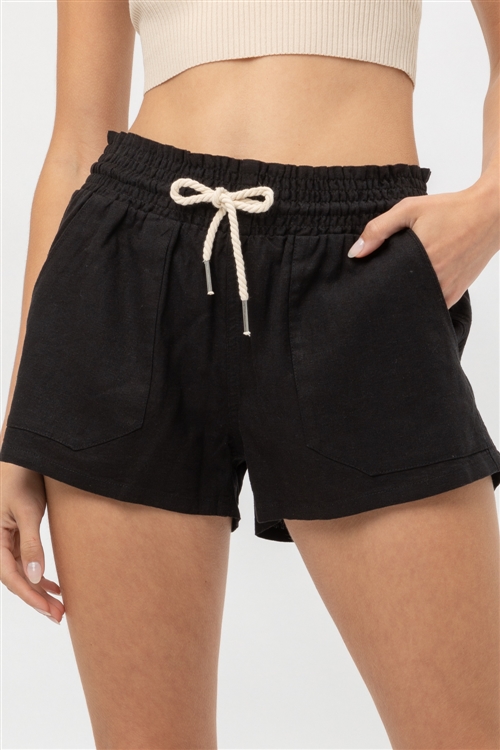 S39-1-1-LT-6587PM-BK - DRAWSTRING LINEN SHORTS- BLACK 2-2-2