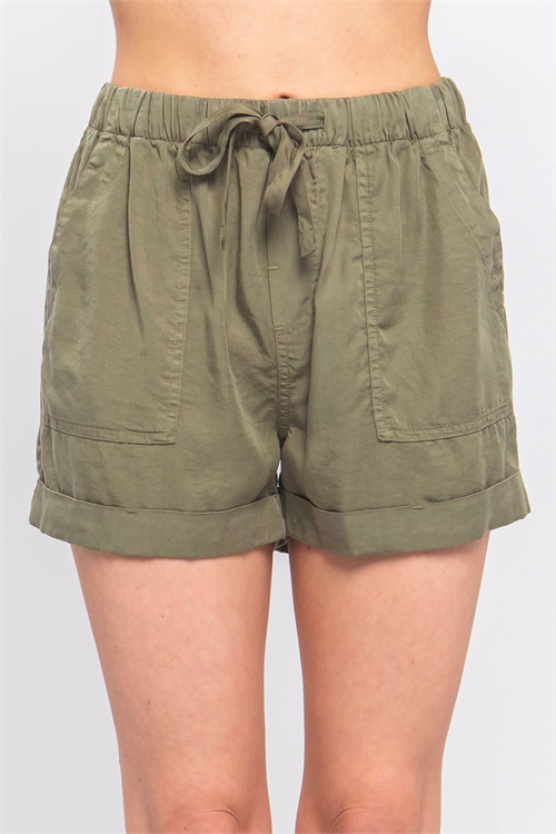 S39-1-1-LT-6625PM-OVOIL - LINEN STRIPED HIGH RISE PULL ON SHORTS- OLIVE OIL 2-2-2