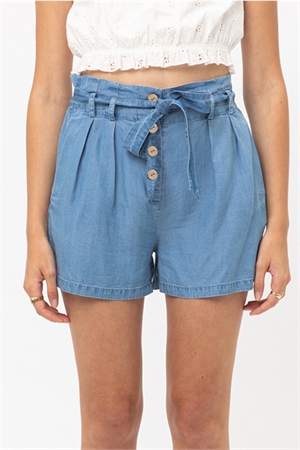 S39-1-1-LT-6687PM-BL - WOVEN SOLID PAPER BAG SHORTS- BLUE 2-2-2