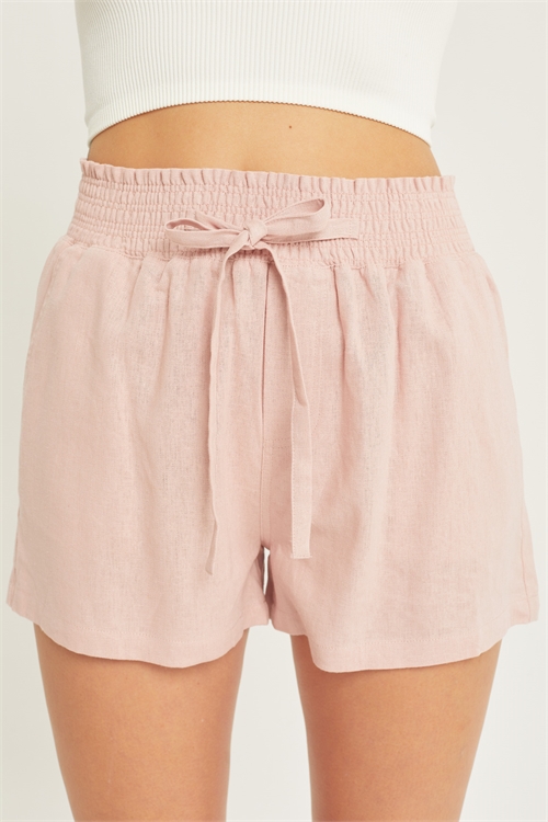 S39-1-1-LT-6700PY-PK - LINEN WOVEN SOLID SMOCKED WAIST SHORTS- PINK 2-2-2