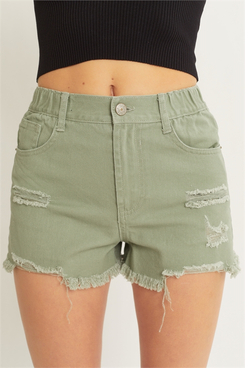 S39-1-1-LT-6801PM-OV - DENIM ELASTIC WAIST SHORTS- OLIVE 2-2-2