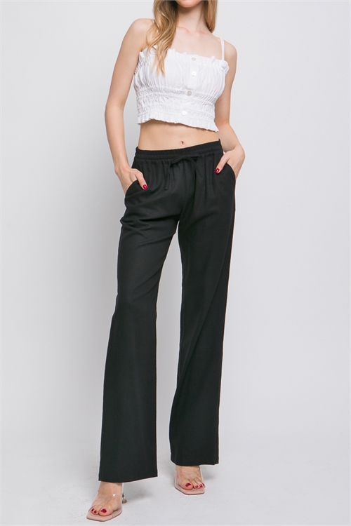 S39-1-1-LT-6805PY-BK - LINEN WOVEN SOLID PANTS- BLACK 2-2-2