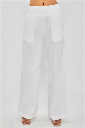 S39-1-1-LT-6811PY-WHT - LINEN PANTS WITH SMOCKED WAIST- WHITE 2-2-2