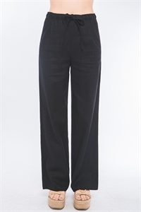 S39-1-1-LT-6875PN-BK - LINEN DRAWSTRING WAIST LONG PANTS WITH POCKETS- BLACK 2-2-2