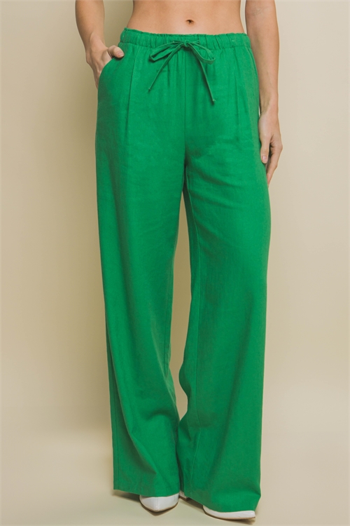 S39-1-1-LT-6875PN-KLY - LINEN DRAWSTRING WAIST LONG PANTS WITH POCKETS- KELLY 2-2-2