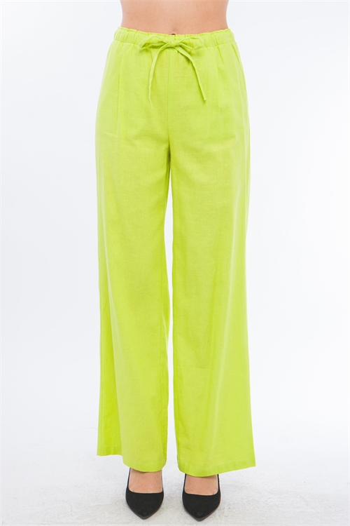 S39-1-1-LT-6875PN-LM - LINEN DRAWSTRING WAIST LONG PANTS WITH POCKETS- LIME 2-2-2