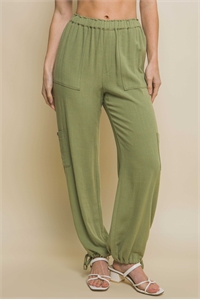 S39-1-1-LT-6876PN-LTOV - LINEN ELASTIC WAIST LONG PANTS WITH CARGO POCKETS- LT. OLIVE 2-2-2