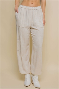 S39-1-1-LT-6876PN-NTL - LINEN ELASTIC WAIST LONG PANTS WITH CARGO POCKETS- NATURAL 2-2-2