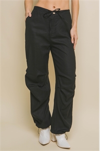 S39-1-1-LT-6878PN-BK - LINEN FULL-LENGTH PANTS WITH ANKLE TOGGLES- BLACK 2-2-2