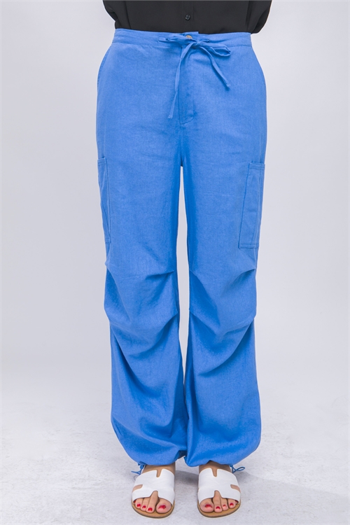 S39-1-1-LT-6878PN-BL - LINEN FULL-LENGTH PANTS WITH ANKLE TOGGLES- BLUE 2-2-2