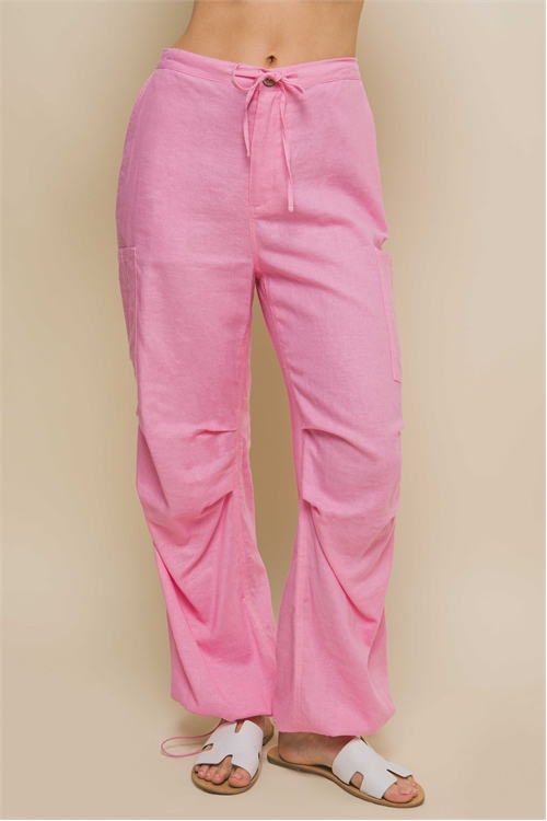 S39-1-1-LT-6878PN-PK - LINEN FULL-LENGTH PANTS WITH ANKLE TOGGLES- PINK 2-2-2