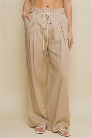 S39-1-1-LT-6880PN-KHK - LINEN FULL-LENGTH PANTS WITH ROPE BELT- KHAKI 2-2-2