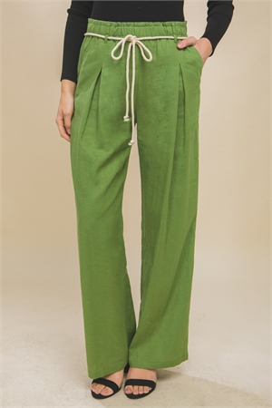 S39-1-1-LT-6880PN-OVGN - LINEN FULL-LENGTH PANTS WITH ROPE BELT- OLIVE GREEN 2-2-2