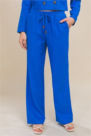 S39-1-1-LT-6883PH-CBT - LINEN DRAWSTRING WAIST LONG PANTS WITH POCKETS- COBALT 2-2-2