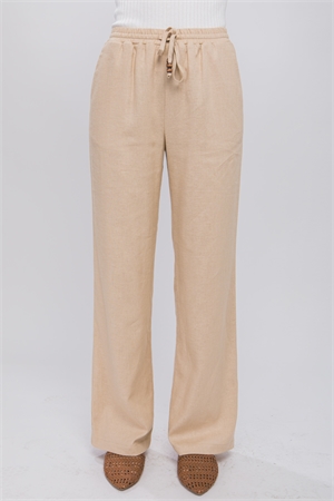 S39-1-1-LT-6883PH-KHK - LINEN DRAWSTRING WAIST LONG PANTS WITH POCKETS- KHAKI 2-2-2