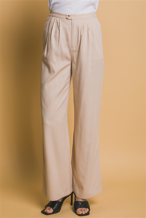 S39-1-1-LT-6980PN-KHK - WIDE-LEG LINEN PANTS WITH PLEAT DETAIL- KHAKI 2-2-2