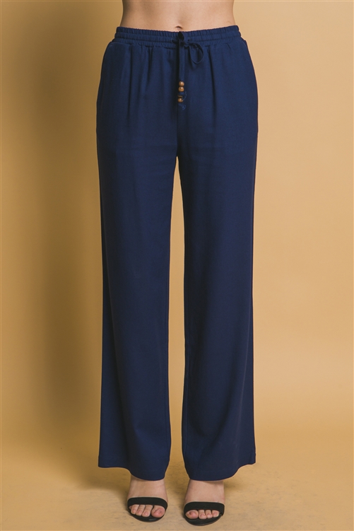 S39-1-1-LT-6984PN-NV - BEADED DRAWSTRING WAIST LINEN PANTS- NAVY 2-2-2