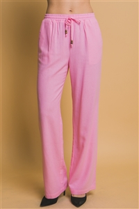 S39-1-1-LT-6984PN-PK - BEADED DRAWSTRING WAIST LINEN PANTS- PINK 2-2-2