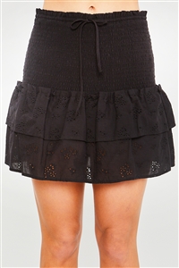 S39-1-1-LT-7281SY-BK - WOVEN SOLID MINI SMOCKED TIERED SKIRT- BLACK 2-2-2