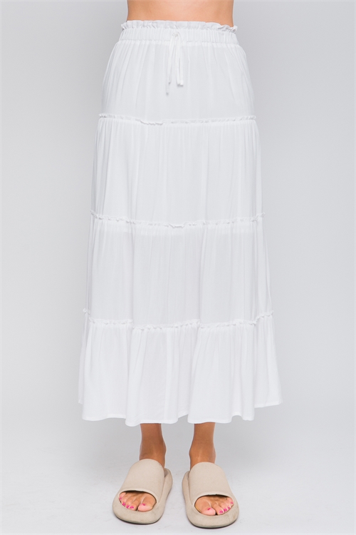 S13-2-3-LT-7287SH-WT - RUFFLE TIERED A-LINE LONG MAXI SKIRT- WHITE 2-2-2(NOW $9.50 ONLY!)