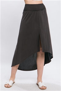 S39-1-1-LT-7297SS-BK - HIGH LOW SKIRT WITH SMOCKED WAIST AND SLIT- BLACK 2-2-2