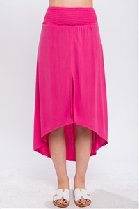 S39-1-1-LT-7297SS-MGT - HIGH LOW SKIRT WITH SMOCKED WAIST AND SLIT- MAGENTA 2-2-2