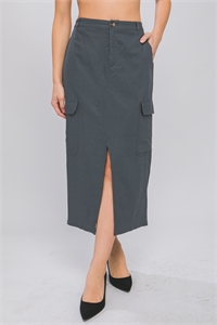 S39-1-1-LT-7304SH-CHL - LINEN FRONT-SLIT LONG SKIRT- CHARCOAL 2-2-2