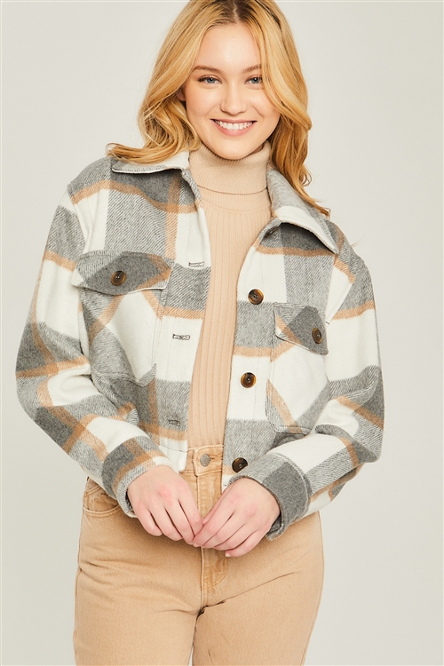 S39-1-1-LT-80014JY-GY - YARN DYED PLAID BUTTON UP JACKET- GREY 2-2-2