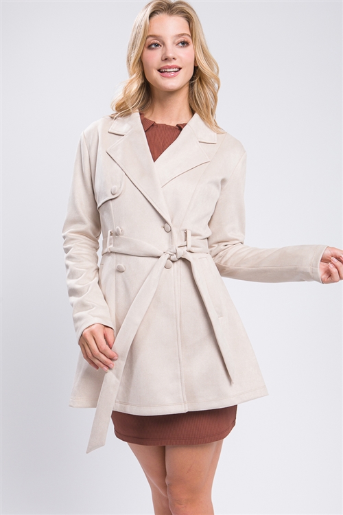 S39-1-1-LT-80077JA-CRM - SUEDE WAIST TIE TRENCH COAT- CREAM 2-2-2