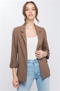 S39-1-1-LT-80080JY-TRFL - WOVEN SOLID 3/4 SLEEVE BLAZER- TRUFFLE 2-2-2