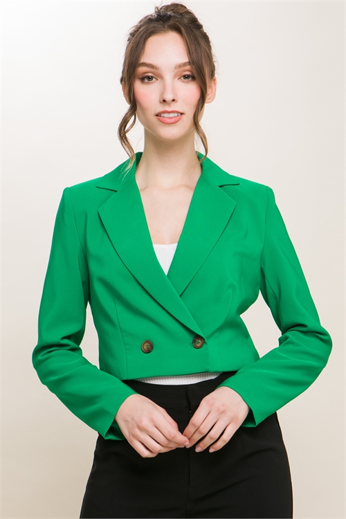 S39-1-1-LT-80083JD-GN - DOUBLE BREASTED CROPPED BLAZER- GREEN 2-2-2
