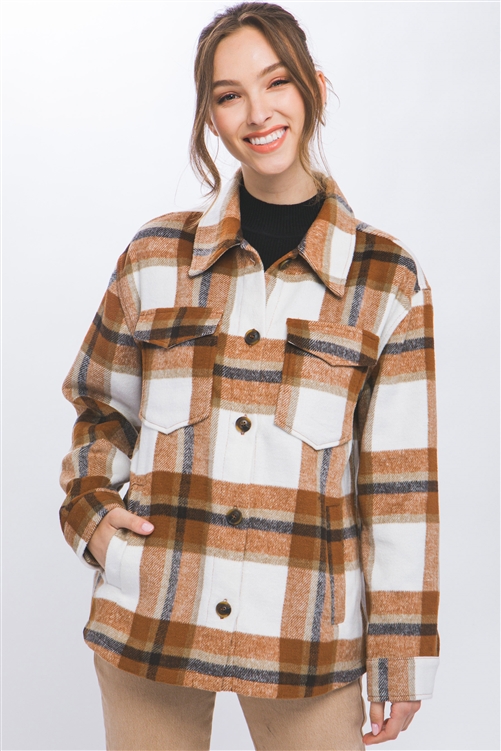 S39-1-1-LT-80115JH-CLY - WOOL BLEND PLAID BUTTON UP SHACKET- CLAY 2-2-2