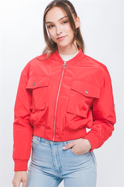 S39-1-1-LT-80202JN-TMTRD - CROPPED ZIP UP BOMBER JACKET- TOMATO RED 2-2-2