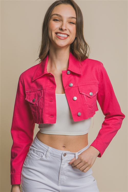 S39-1-1-LT-80235JH-FCH - LONG-SLEEVE CROPPED DENIM JACKET- FUCHSIA 2-2-2