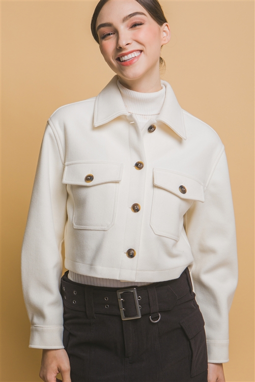 S39-1-1-LT-80246JH-IV - JQ FLEECE CROPPED BUTTON-DOWN SHACKET- IVORY 2-2-2