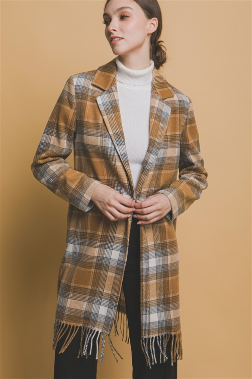 S39-1-1-LT-80248JH-CML - FRINGED PLAID COAT- CAMEL 2-2-2