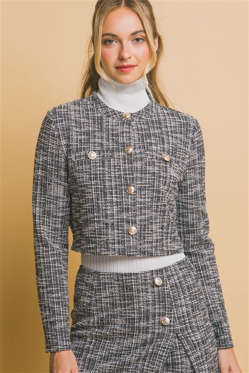 S39-1-1-LT-80251JN-BK - BUTTON-UP TWEED CROPPED BLAZER WITH ROUND NECK- BLACK 2-2-2