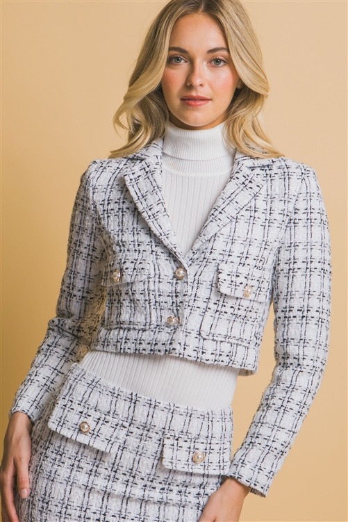 S39-1-1-LT-80252JN-WHT - CROPPED TWEED JACKET WITH V-NECK- WHITE 2-2-2