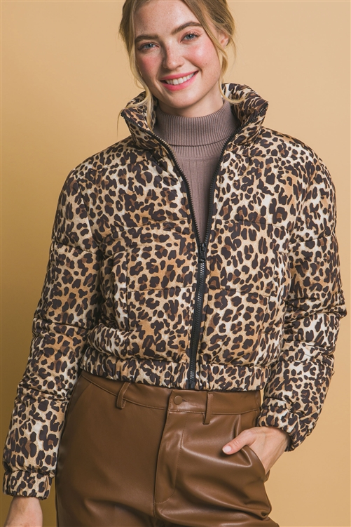 S39-1-1-LT-80297JN-CML - LEOPARD PRINT BOMBER PUFFER JACKET- CAMEL 2-2-2