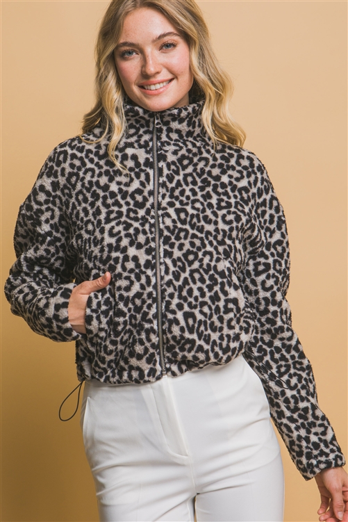 S39-1-1-LT-80298JN-BK - MOCK-NECK ANIMAL PRINT TEDDY JACKET- BLACK 2-2-2