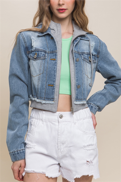 S39-1-1-LT-8252JM-BLHG - CROPPED LAYERED DENIM JACKET- BLUE/HEATHER GREY 2-2-2