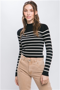 S39-1-1-LT-90089WN-BK - MOCK NECK RIBBED STRIPED LONG SLEEVE SWEATER TOP- BLACK 2-2-2