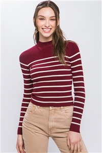 S39-1-1-LT-90089WN-SGR - MOCK NECK RIBBED STRIPED LONG SLEEVE SWEATER TOP- SANGRIA 2-2-2